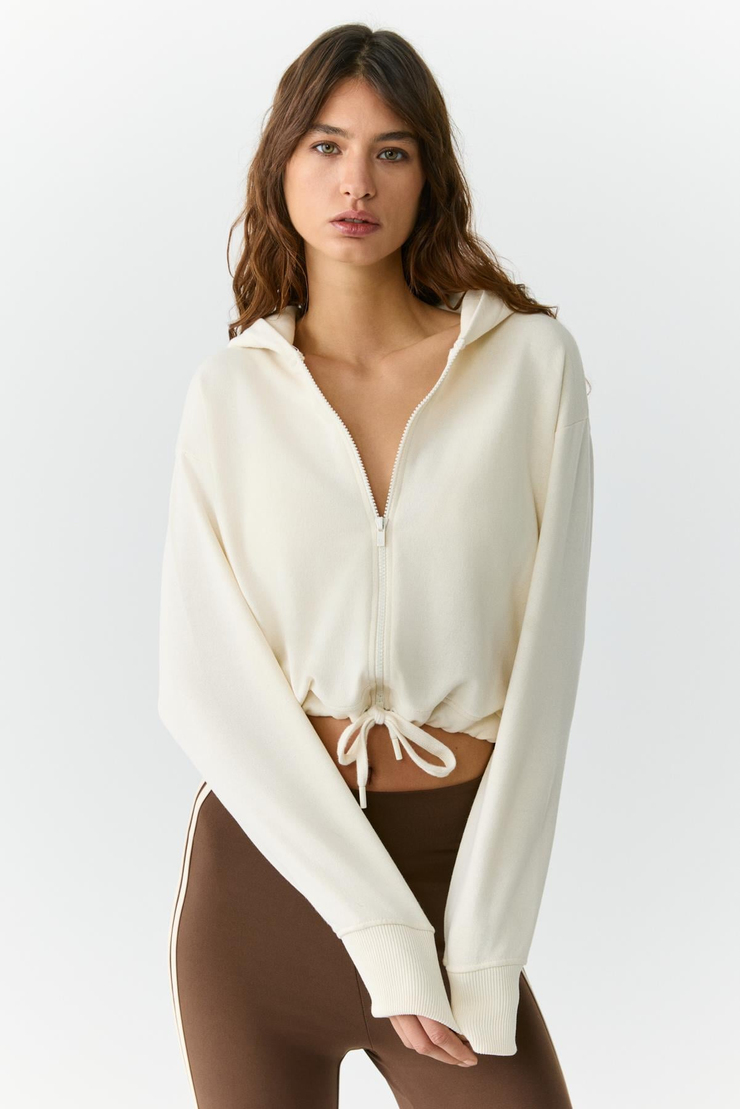 TIANNA Kadın Kapüşonlu Uzun Kollu Fermuarlı Relaxed Ekru Sweatshirt