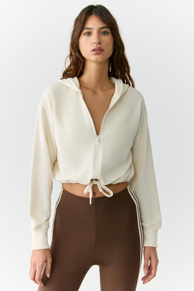 TIANNA Kadın Kapüşonlu Uzun Kollu Fermuarlı Relaxed Ekru Sweatshirt
