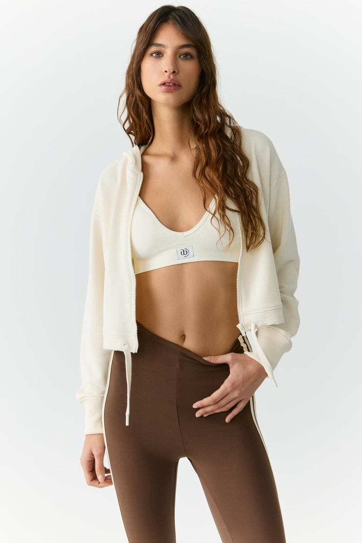 TIANNA Kadın Kapüşonlu Uzun Kollu Fermuarlı Relaxed Ekru Sweatshirt