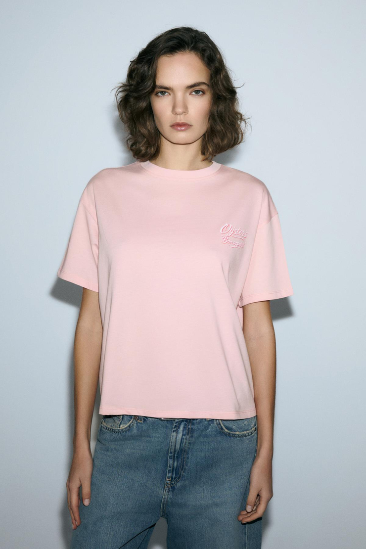 TILORIA Kadın Organik Pamuklu Baskılı Bisiklet Yaka Regular Fit Somon T-Shirt