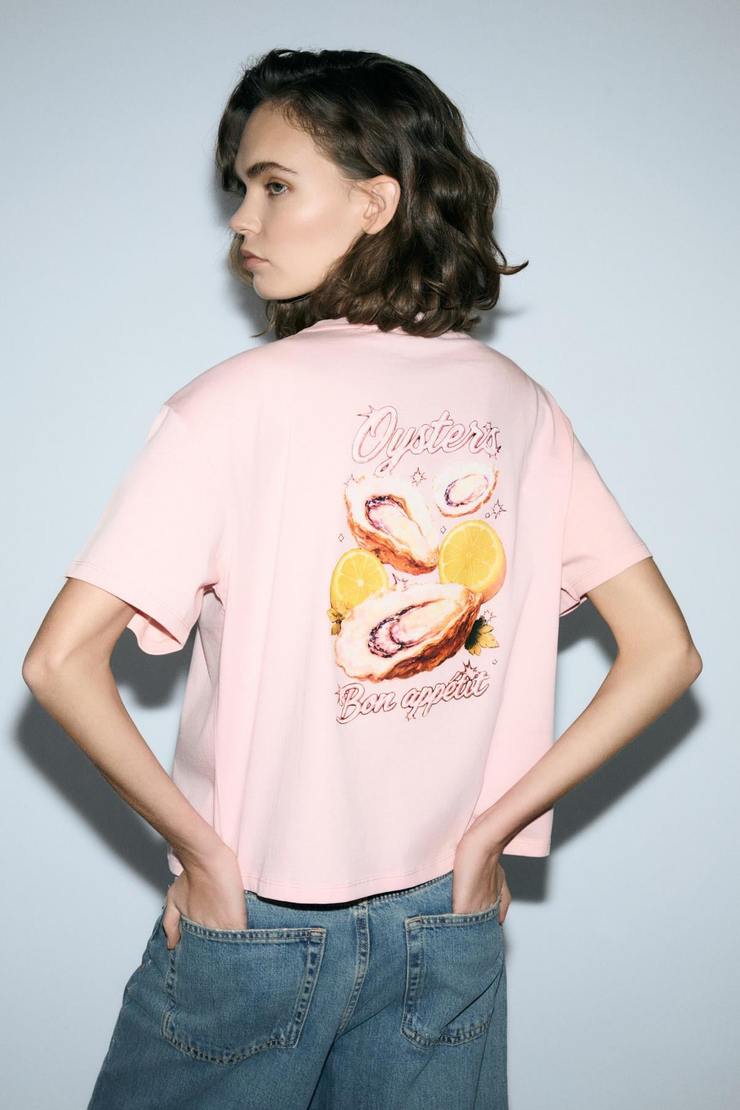 TILORIA Kadın Organik Pamuklu Baskılı Bisiklet Yaka Regular Fit Somon T-Shirt
