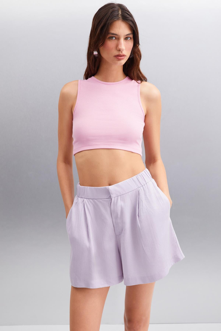 TIZIANA Kadın Organik Pamuklu Fitilli Esnek Kumaşlı Crop Pembe Bluz