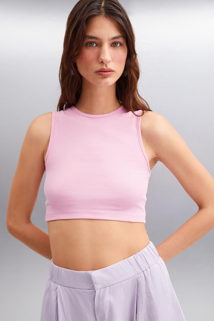 TIZIANA Kadın Organik Pamuklu Fitilli Esnek Kumaşlı Crop Pembe Bluz
