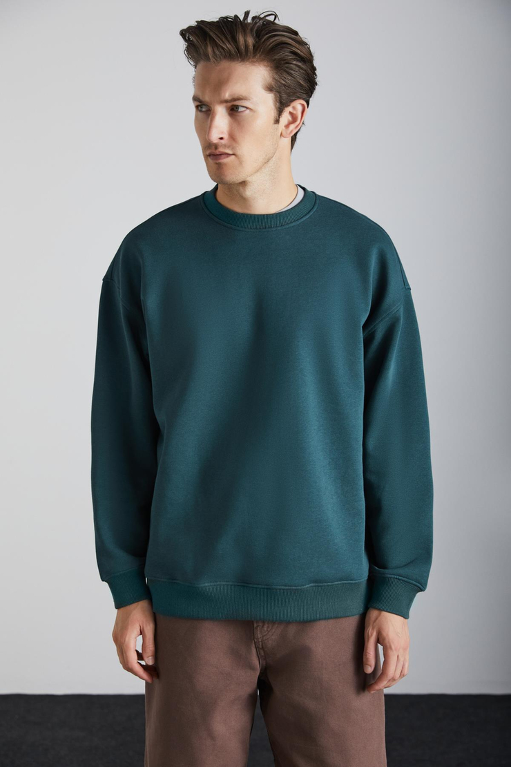 TOKYO Erkek İçi Polarlı Yumuşacık Arka Etiket Detaylı Bisiklet Yaka Oversize Koyu Yeşil Sweatshirt