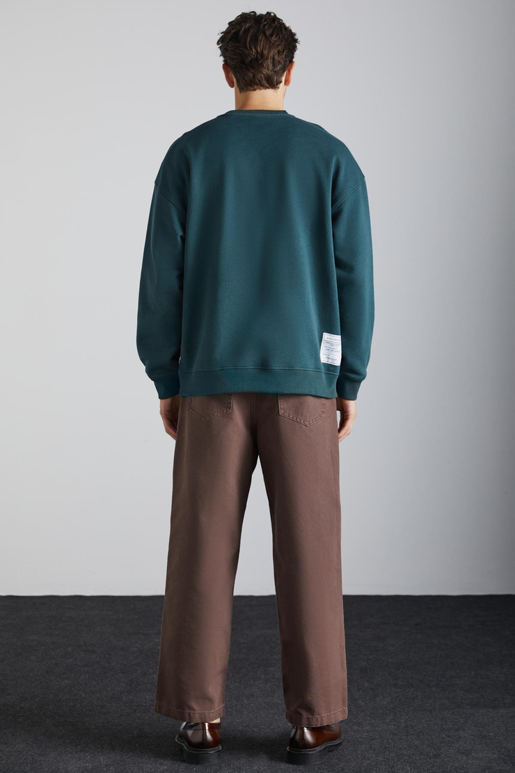 TOKYO Erkek İçi Polarlı Yumuşacık Arka Etiket Detaylı Bisiklet Yaka Oversize Koyu Yeşil Sweatshirt