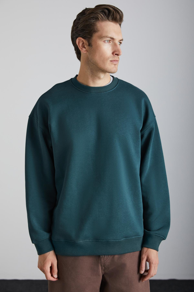 TOKYO Erkek İçi Polarlı Yumuşacık Arka Etiket Detaylı Bisiklet Yaka Oversize Koyu Yeşil Sweatshirt