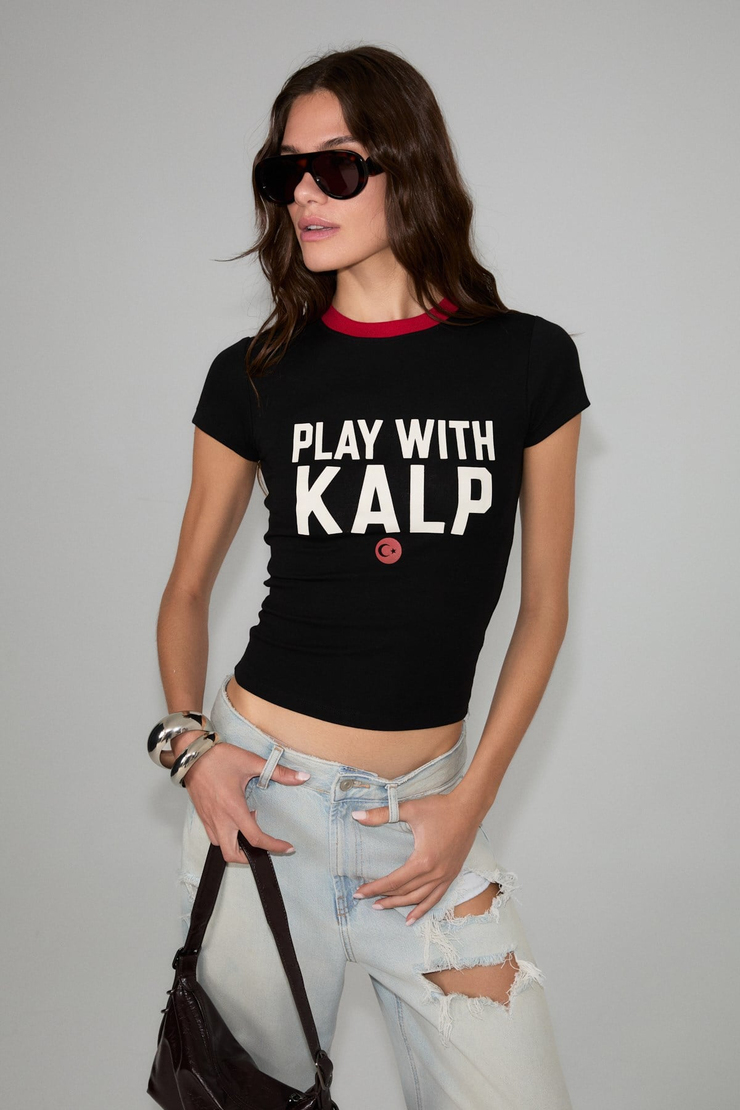 TOMRIS Kadın Yumuşak Ve Esnek Kumaşlı Organik Pamuklu Dünya Kupasına Özel Baskılı Siyah T-Shirt