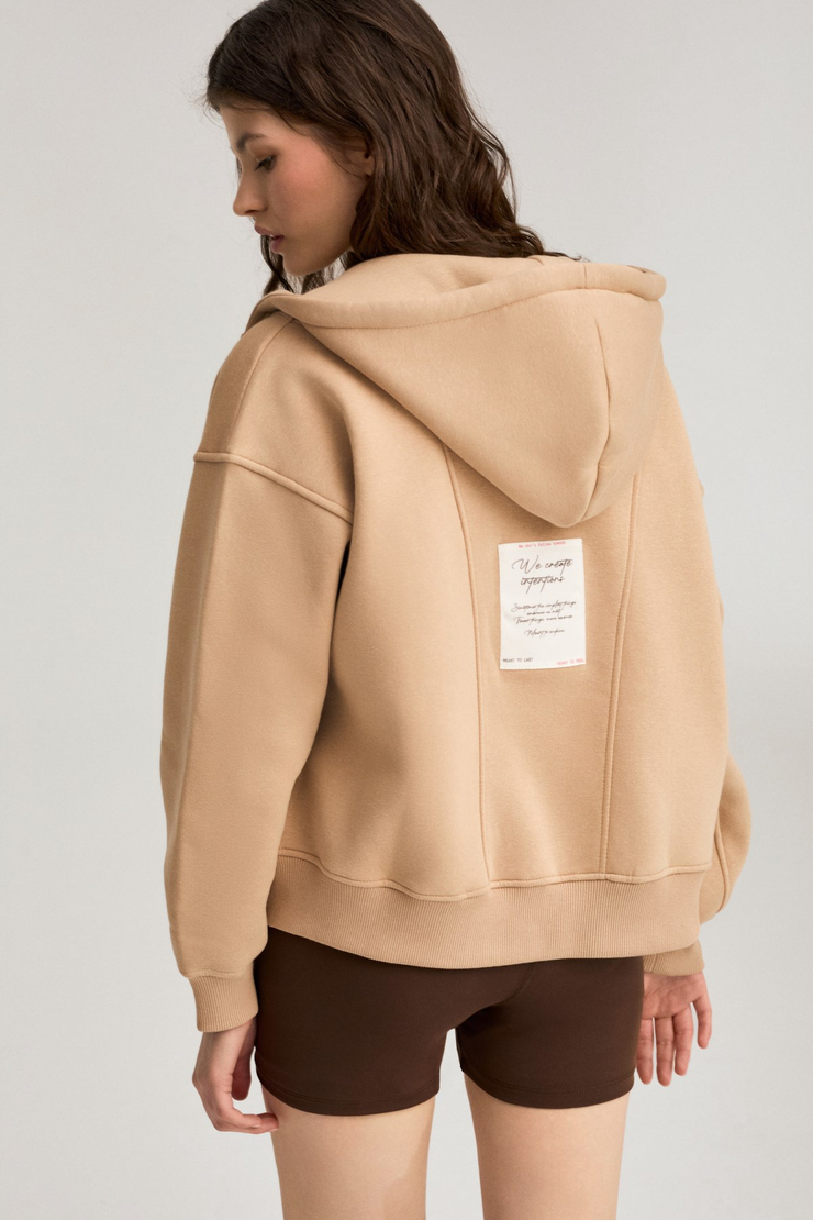TORCE Kadın Önü Kesikli Metal Fermuarlı Kapüşonlu Etiket Detaylı Oversize Bej Sweatshirt