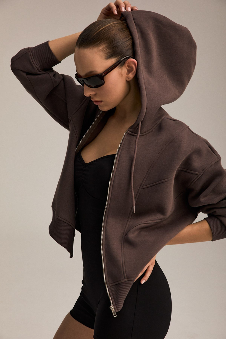 TORCE Kadın Önü Kesikli Metal Fermuarlı Kapüşonlu Etiket Detaylı Oversize Kahverengi Sweatshirt