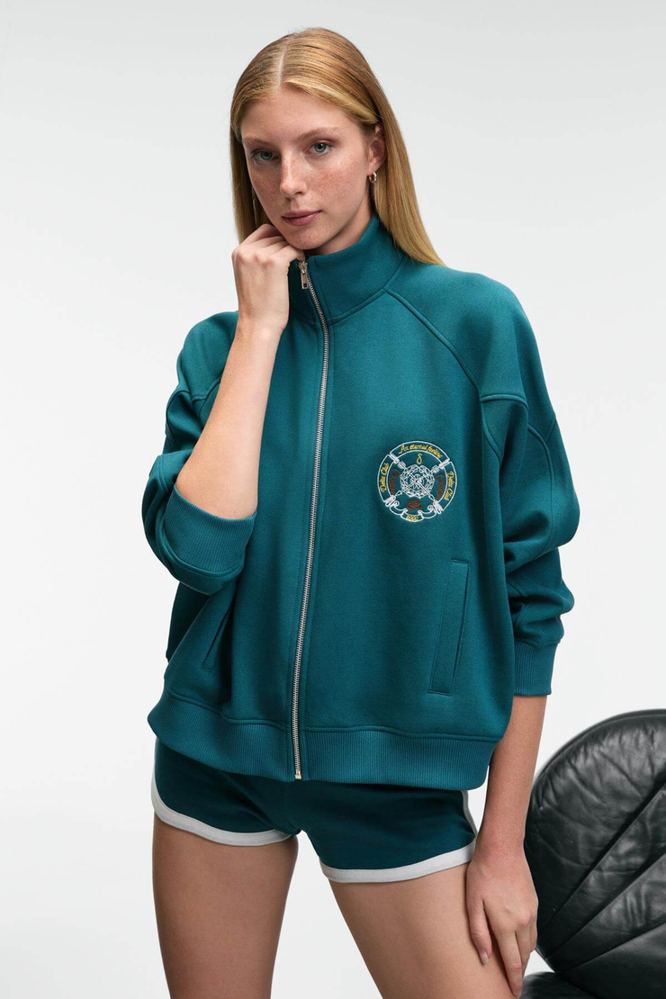TORMENTA Kadın Nakışlı Fermuarlı Dik Yaka Çift Cepli Reglan Kol Koyu Turkuaz Sweatshirt