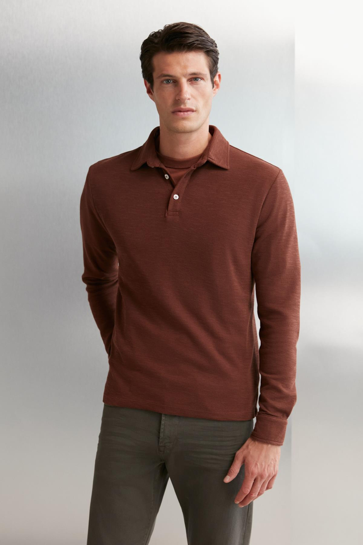 TREMONT Erkek %100 Organik Pamuklu Slim Fit Dokulu Kumaşlı Polo Yaka Uzun Kol Kiremit Rengi Polo Yaka T-shirt