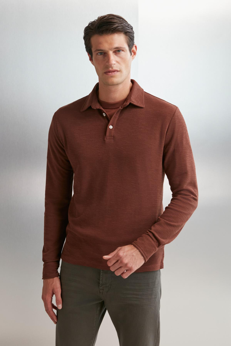 TREMONT Erkek %100 Organik Pamuklu Slim Fit Dokulu Kumaşlı Polo Yaka Uzun Kol Kiremit Rengi Polo Yaka T-shirt