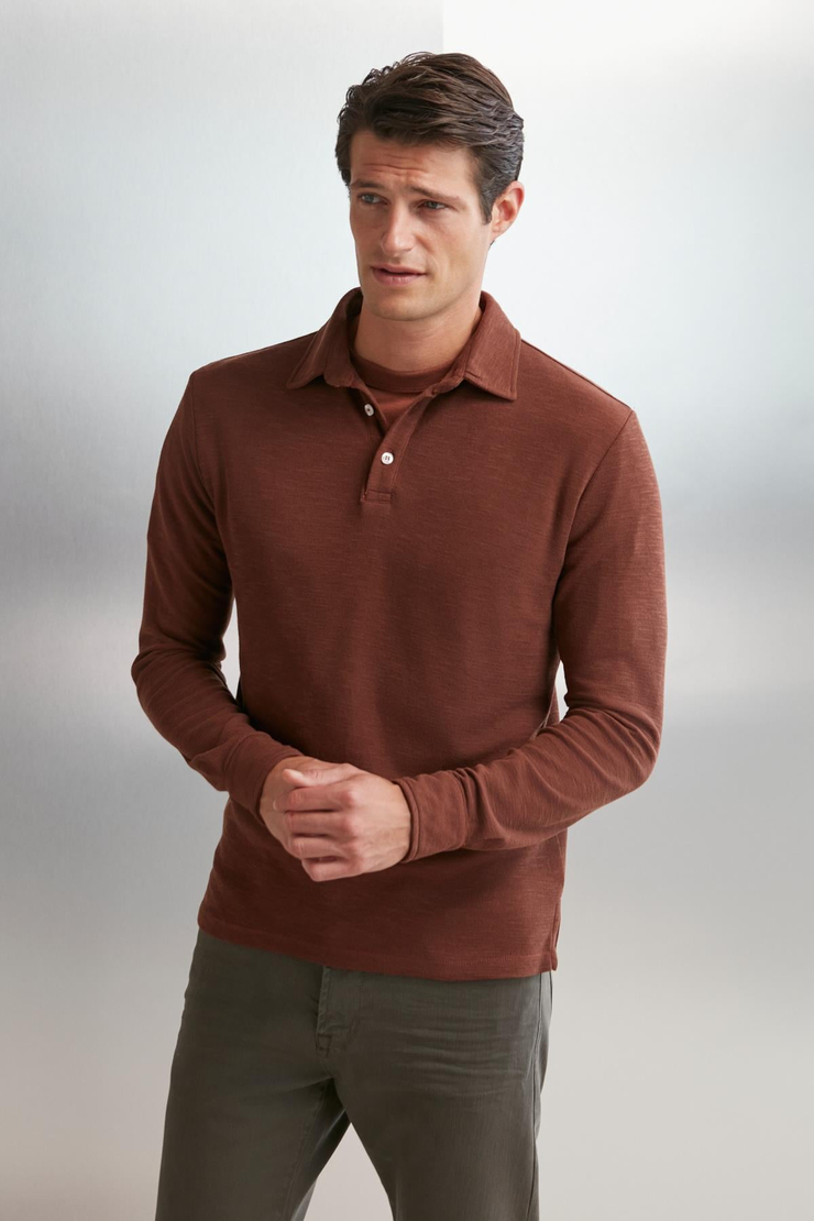 TREMONT Erkek %100 Organik Pamuklu Slim Fit Dokulu Kumaşlı Polo Yaka Uzun Kol Kiremit Rengi Polo Yaka T-shirt