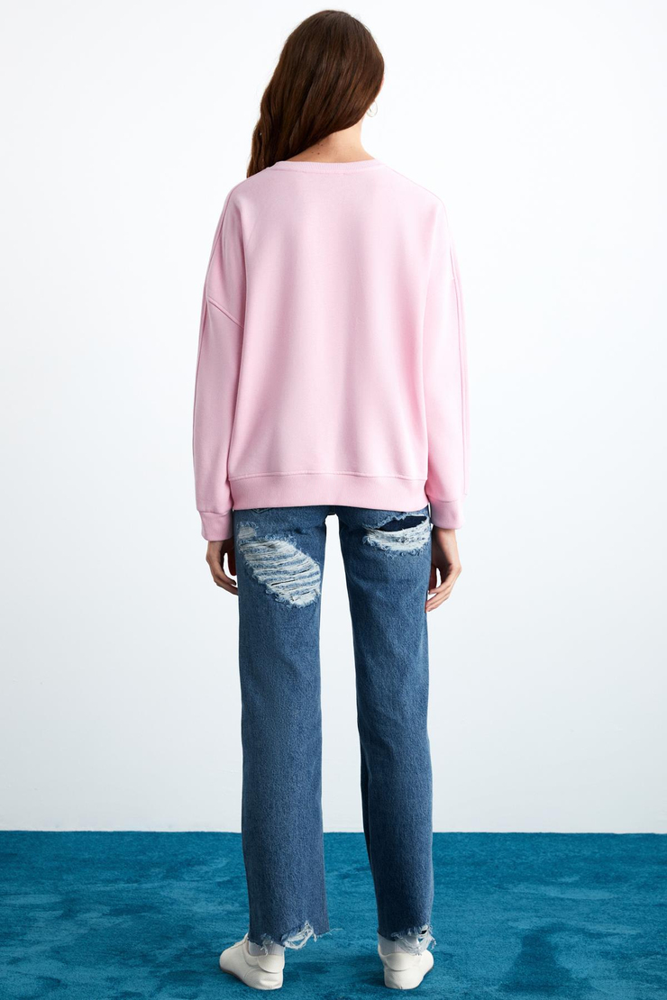 TRISHA Kadın Pamuklu 3 İplik İçi Şardonlu Önü Baskılı Kalp Temalı Yuvarlak Yaka Pembe Sweatshirt