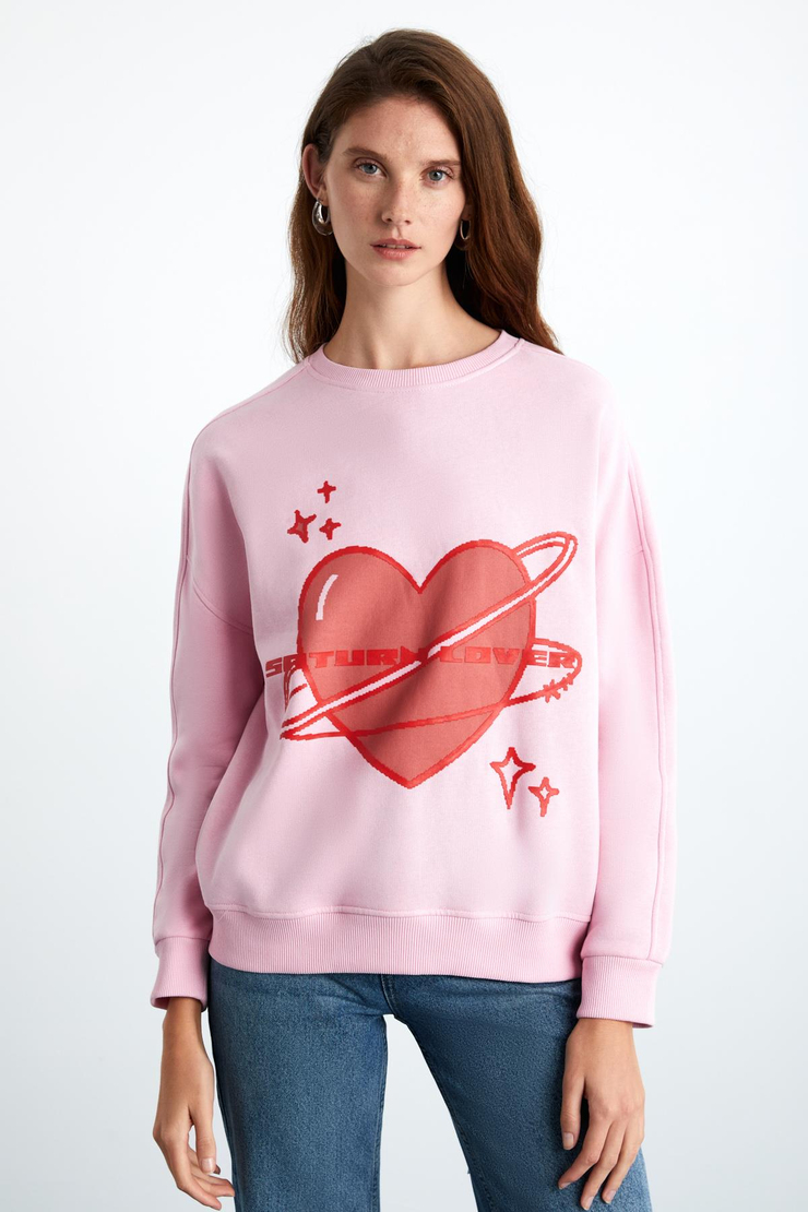 TRISHA Kadın Pamuklu 3 İplik İçi Şardonlu Önü Baskılı Kalp Temalı Yuvarlak Yaka Pembe Sweatshirt