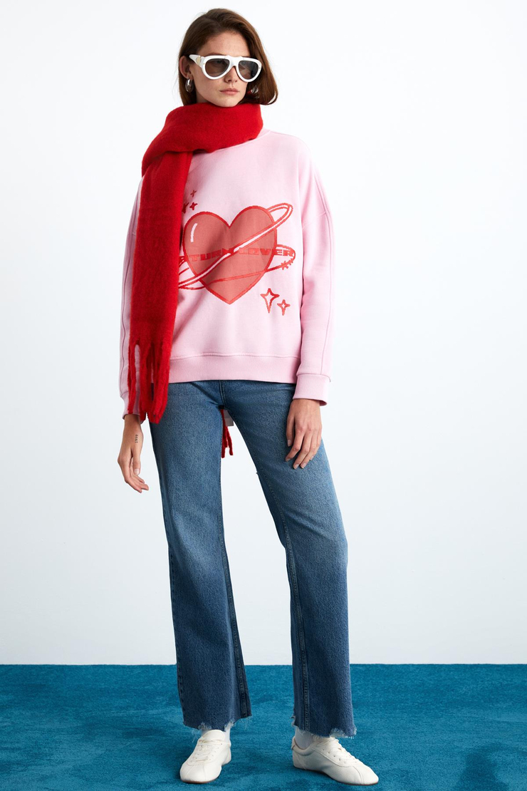 TRISHA Kadın Pamuklu 3 İplik İçi Şardonlu Önü Baskılı Kalp Temalı Yuvarlak Yaka Pembe Sweatshirt