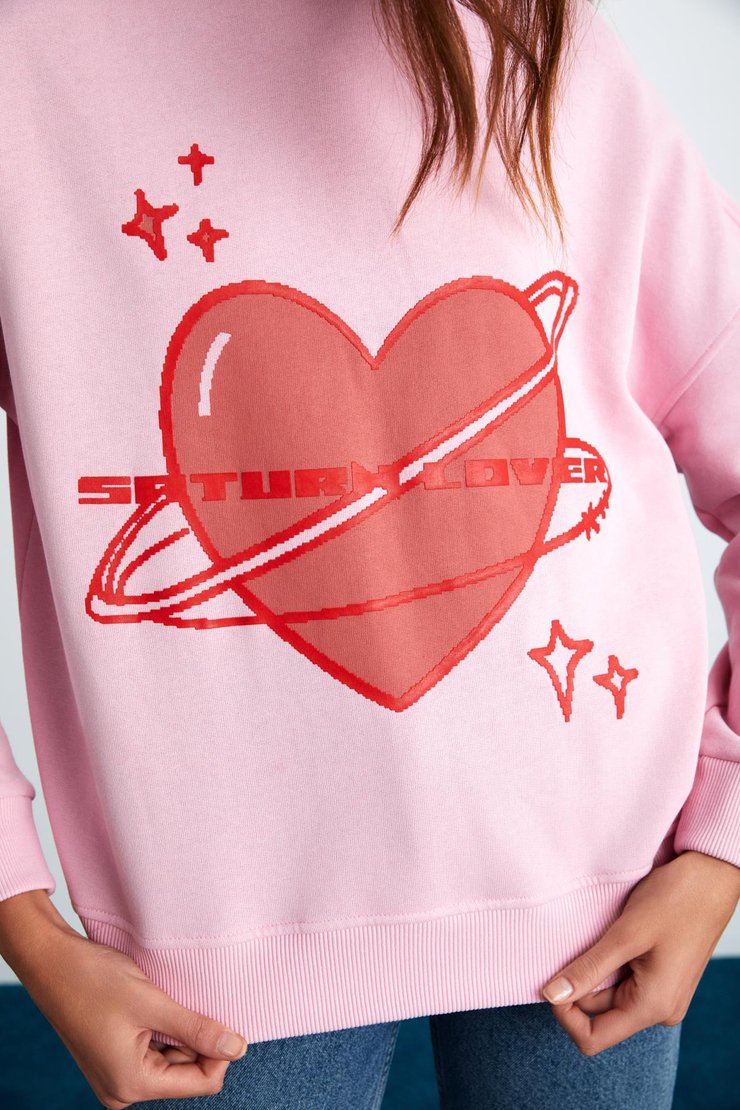 TRISHA Kadın Pamuklu 3 İplik İçi Şardonlu Önü Baskılı Kalp Temalı Yuvarlak Yaka Pembe Sweatshirt