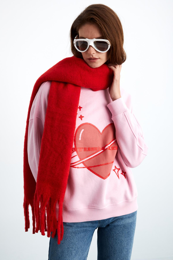 TRISHA Kadın Pamuklu 3 İplik İçi Şardonlu Önü Baskılı Kalp Temalı Yuvarlak Yaka Pembe Sweatshirt