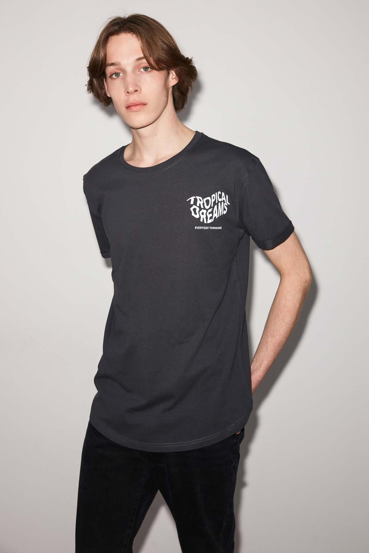 Tropıcal Örme Long Fit Gri T-Shirt