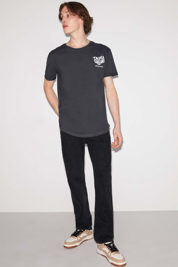 Tropıcal Örme Long Fit Gri T-Shirt