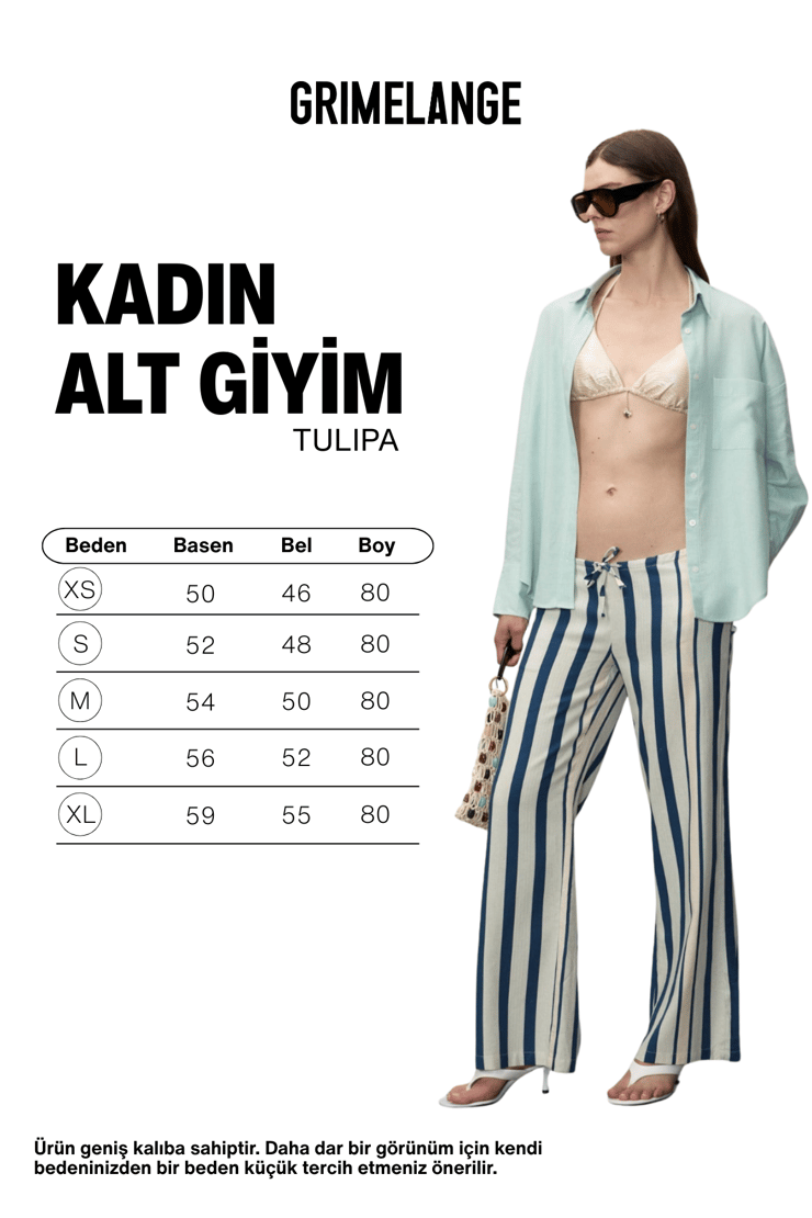 TULIPA Kadın Keten Karışımlı Beli Bağlamalı Baskı Detaylı Rahat Kalıp Mavi Çizgili Pantolon