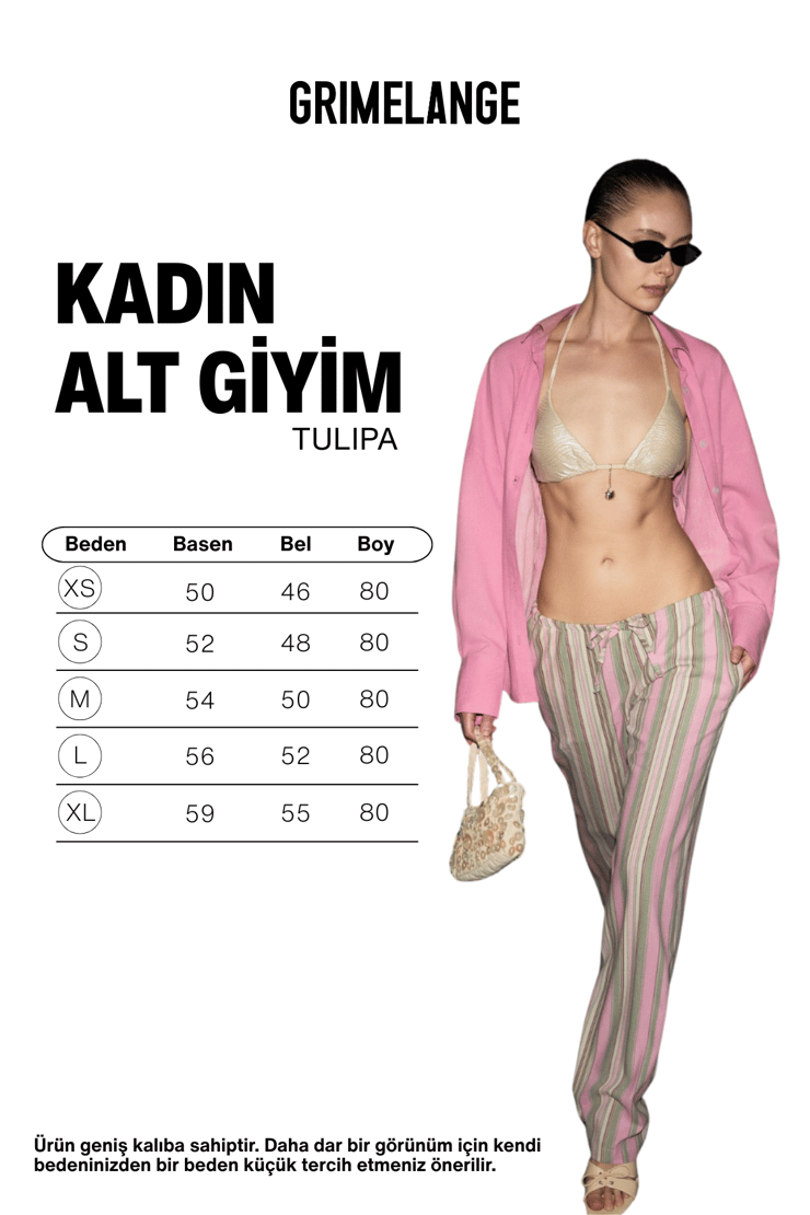 TULIPA Kadın Keten Karışımlı Beli Bağlamalı Baskı Detaylı Rahat Kalıp Pembe Çizgili Pantolon