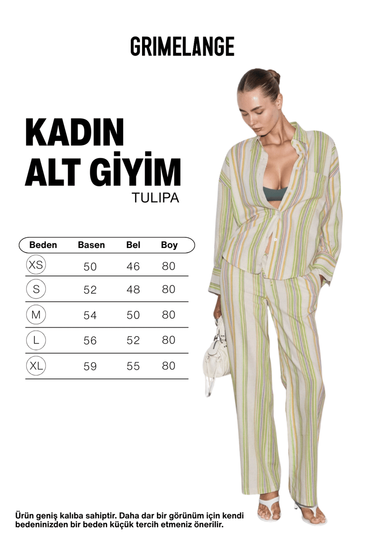 TULIPA Kadın Keten Karışımlı Beli Bağlamalı Baskı Detaylı Rahat Kalıp Ekru Çizgili Pantolon
