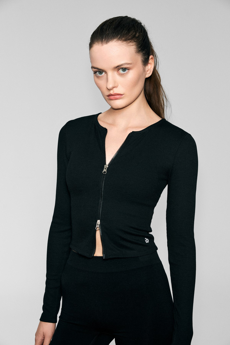 TULLIA Kadın Önü Fermuarlı Baskılı Esnek Ve Yumuşak Kumaşlı Slim Fit Siyah Bluz
