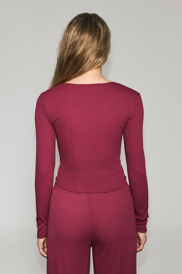 TULLIA Kadın Önü Fermuarlı Baskılı Esnek Ve Yumuşak Kumaşlı Slim Fit Bordo Bluz