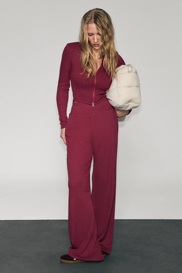 TULLIA Kadın Önü Fermuarlı Baskılı Esnek Ve Yumuşak Kumaşlı Slim Fit Bordo Bluz