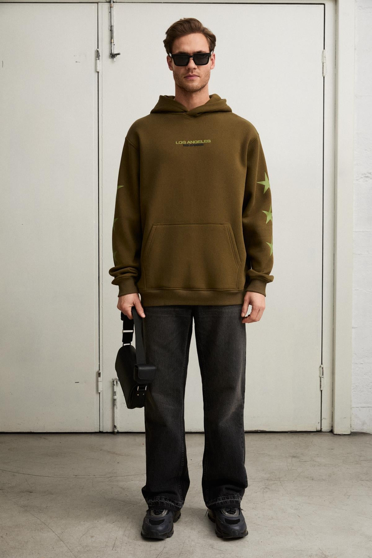TUXON Erkek Yumuşacık İçi Polarlı Baskı Detaylı Kangru Cepli Regular Haki Sweatshirt
