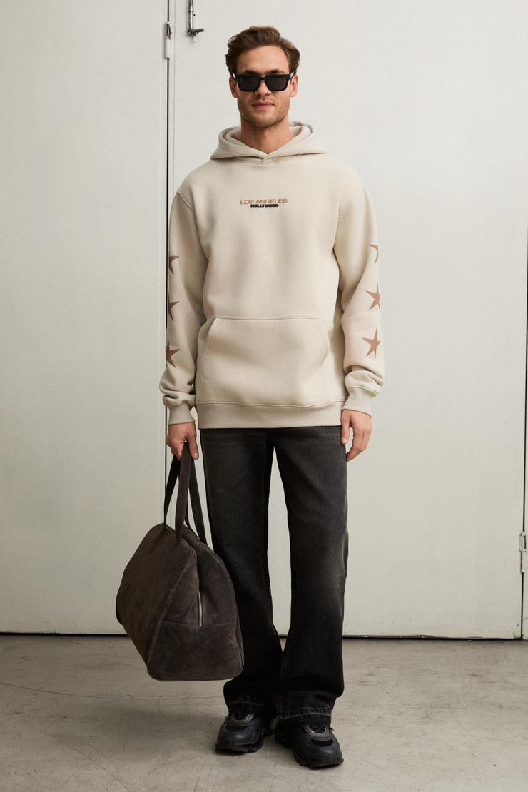 TUXON Erkek Yumuşacık İçi Polarlı Baskı Detaylı Kangru Cepli Regular Taş Rengi Sweatshirt