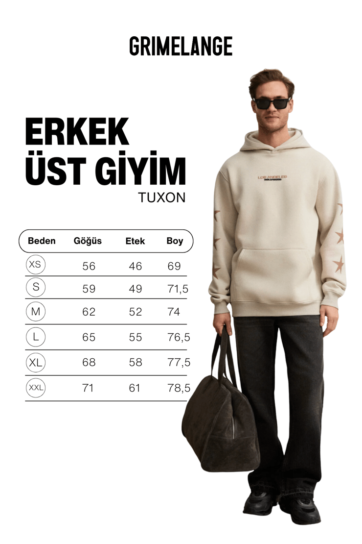 TUXON Erkek Yumuşacık İçi Polarlı Baskı Detaylı Kangru Cepli Regular Taş Rengi Sweatshirt
