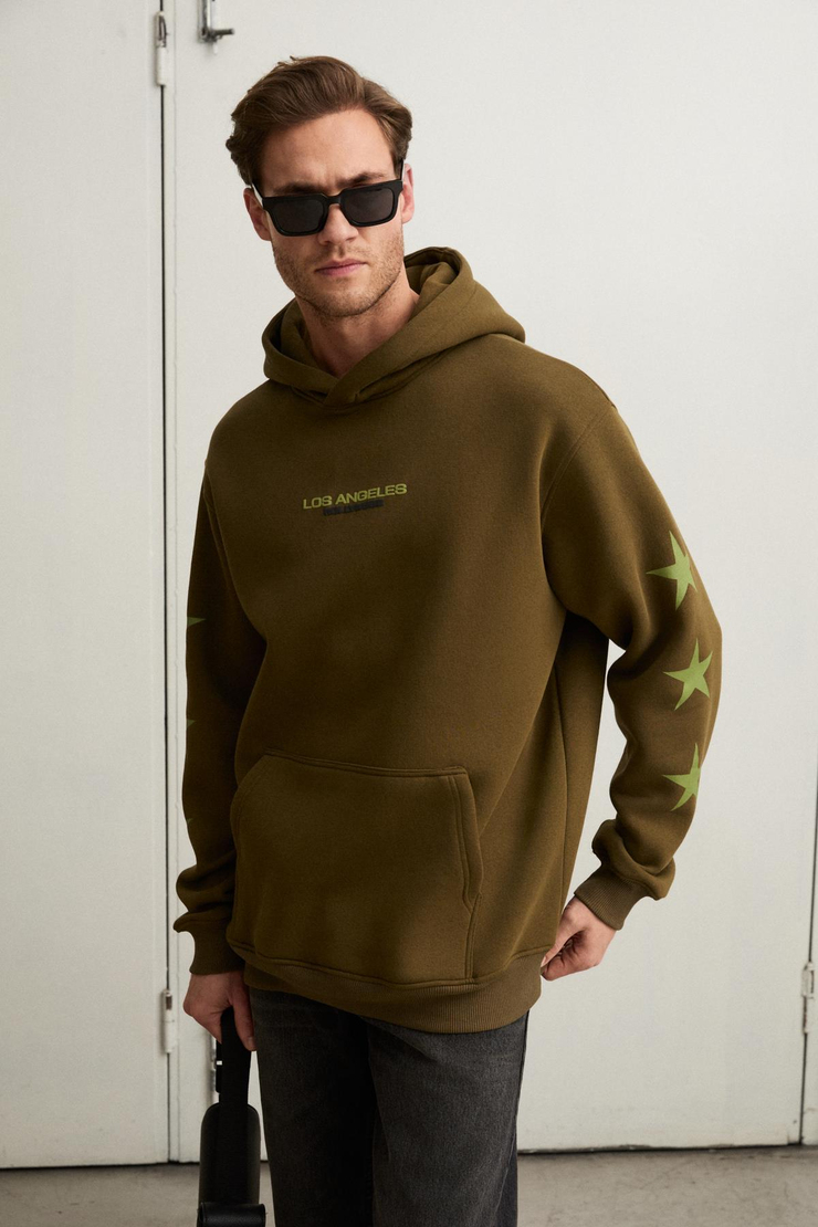 TUXON Erkek Yumuşacık İçi Polarlı Baskı Detaylı Kangru Cepli Regular Haki Sweatshirt