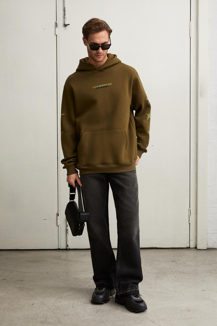 TUXON Erkek Yumuşacık İçi Polarlı Baskı Detaylı Kangru Cepli Regular Haki Sweatshirt