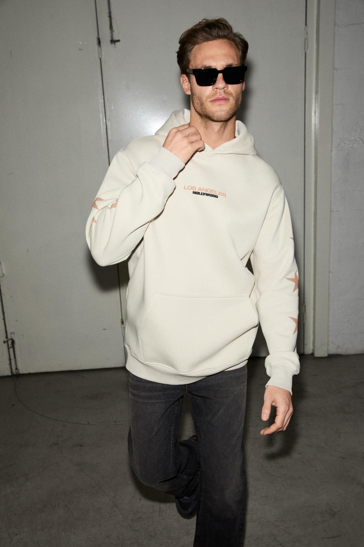 TUXON Erkek Yumuşacık İçi Polarlı Baskı Detaylı Kangru Cepli Regular Taş Rengi Sweatshirt