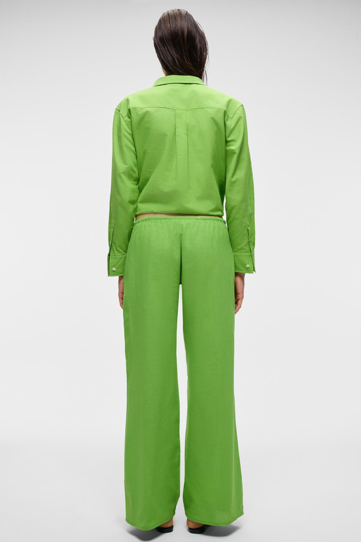 UBANA Kadın %100 Pamuk Keten Görünümlü Comfort Fit Yeşil Pantolon