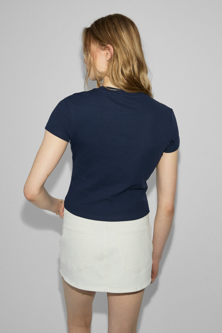 UDINNES Kadın Yumuşak Esnek Kumaşlı Baskı Detaylı Slim Fit Lacivert T-Shirt