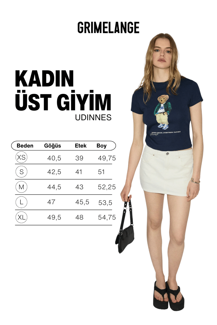 UDINNES Kadın Yumuşak Esnek Kumaşlı Baskı Detaylı Slim Fit Lacivert T-Shirt