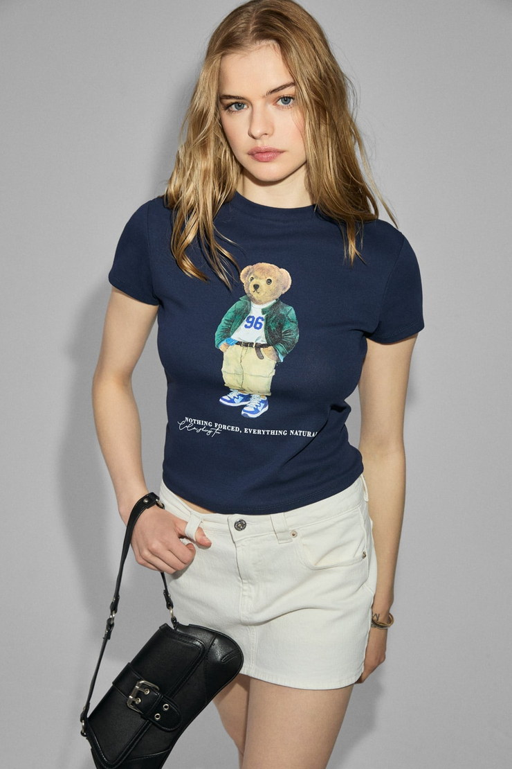 UDINNES Kadın Yumuşak Esnek Kumaşlı Baskı Detaylı Slim Fit Lacivert T-Shirt