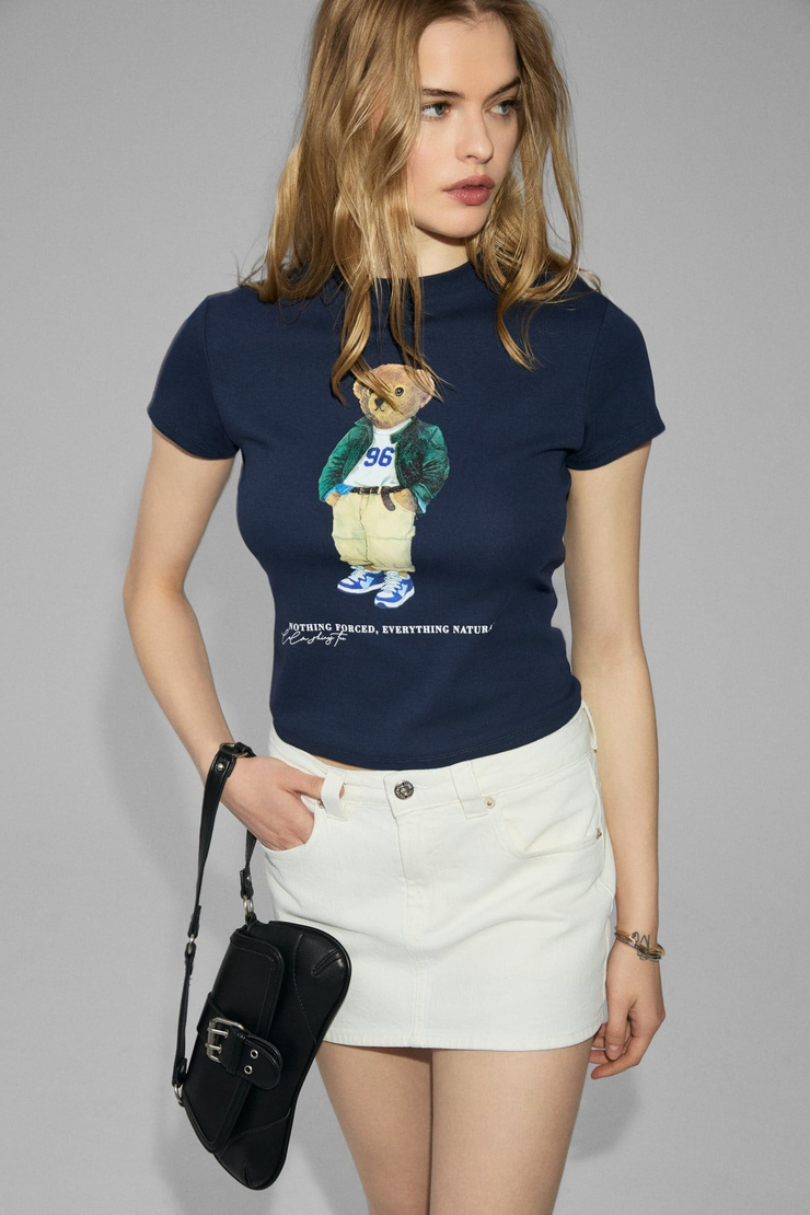 UDINNES Kadın Yumuşak Esnek Kumaşlı Baskı Detaylı Slim Fit Lacivert T-Shirt