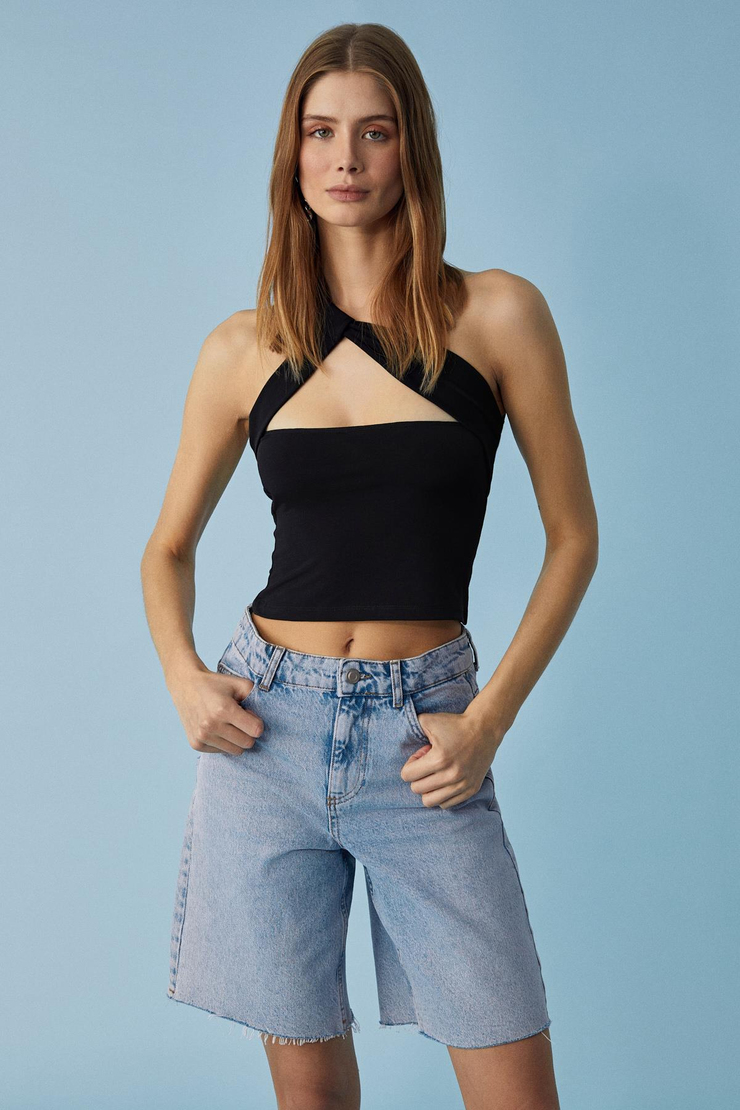 UJERAN Kadın Asimetrik Yaka Slim Kolsuz Siyah Bluz