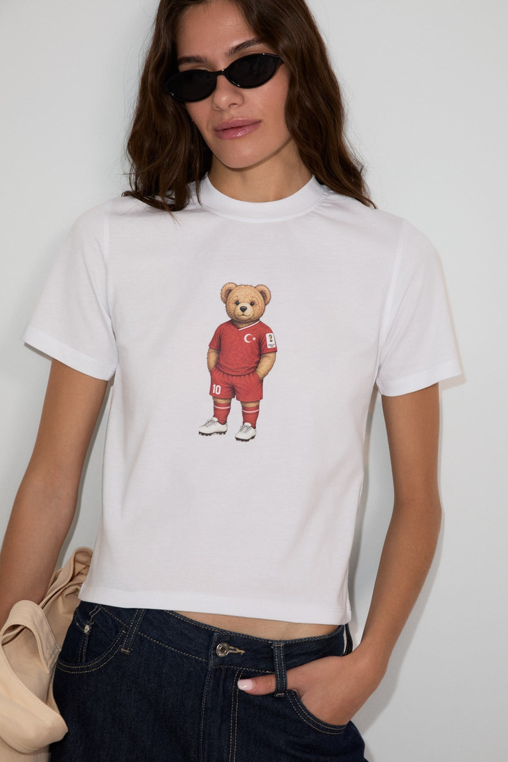 UMAYANA Kadın Yumuşak Ve %100 Organik Pamuklu Dünya Kupasına Özel Baskılı Beyaz T-Shirt