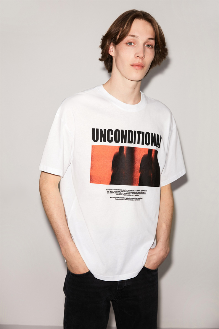UNCONDITIONAL Erkek Beyaz Baskılı Yuvarlak Yaka Oversize T-Shirt