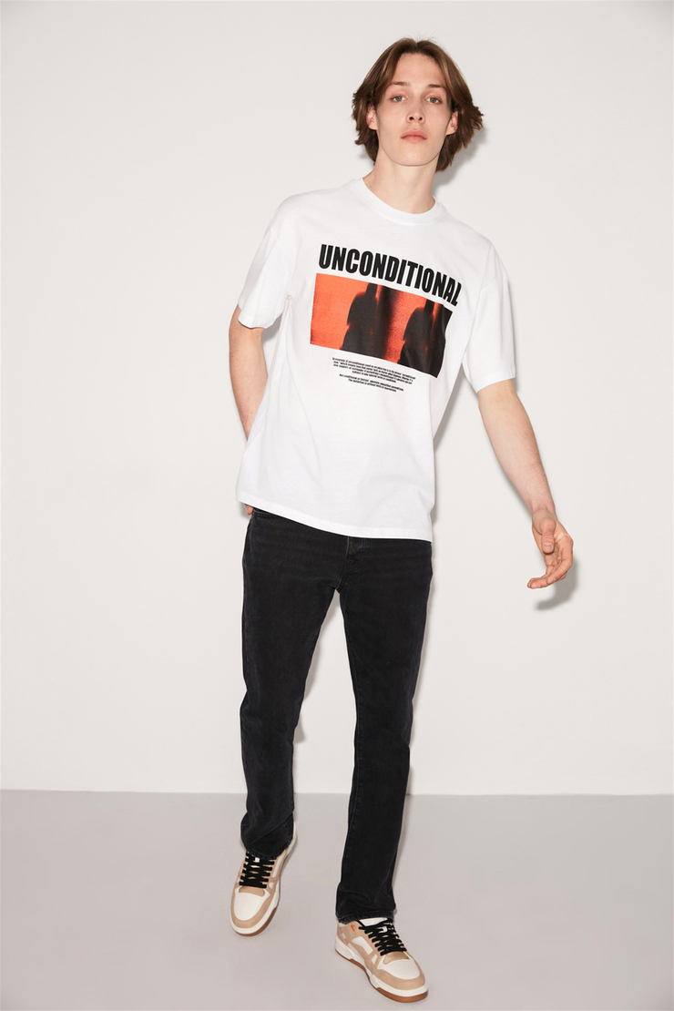 UNCONDITIONAL Erkek Beyaz Baskılı Yuvarlak Yaka Oversize T-Shirt