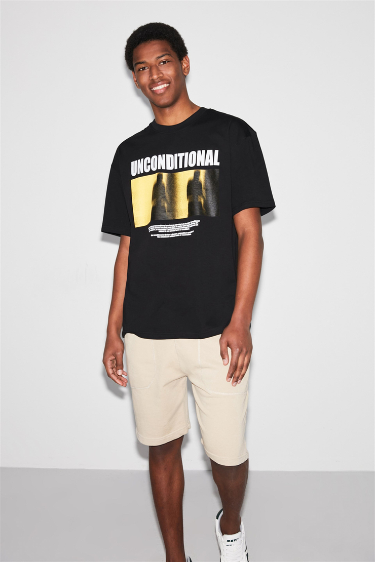 UNCONDITIONAL Erkek Siyah Baskılı Yuvarlak Yaka Oversize T-Shirt