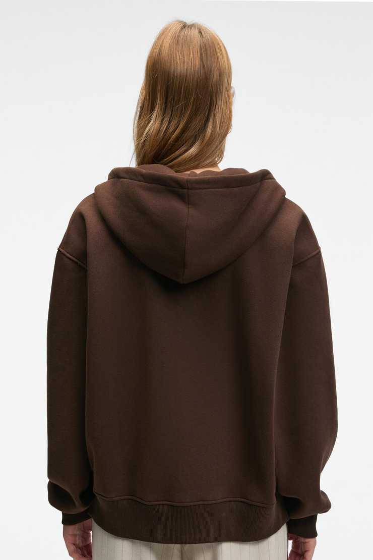 VALENYA Kadın Oversize Kapüşonlu Balon Kollu Metal Fermuarlı Kahverengi Sweatshirt