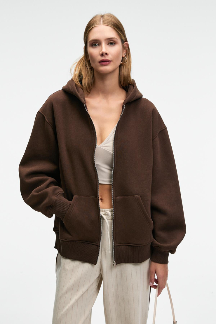 VALENYA Kadın Oversize Kapüşonlu Balon Kollu Metal Fermuarlı Kahverengi Sweatshirt