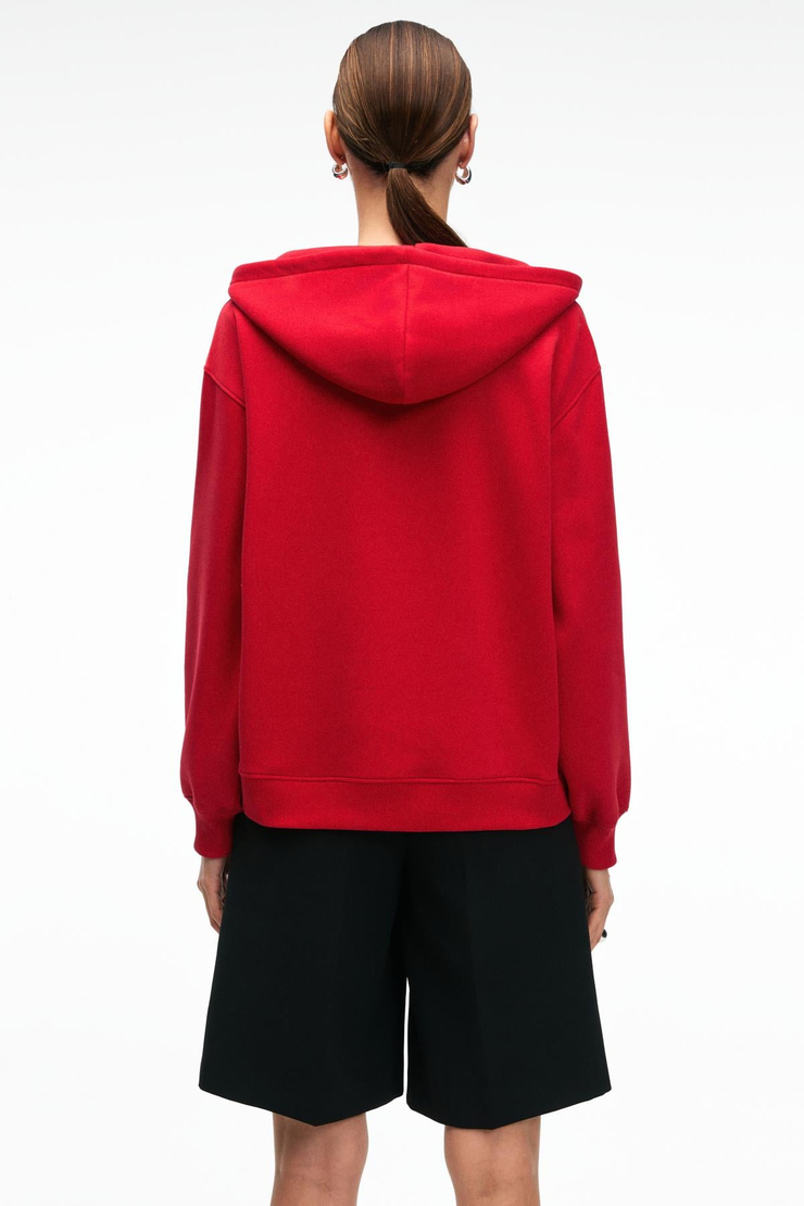 VALENYA Kadın Oversize Kapüşonlu Balon Kollu Metal Fermuarlı Kırmızı Sweatshirt