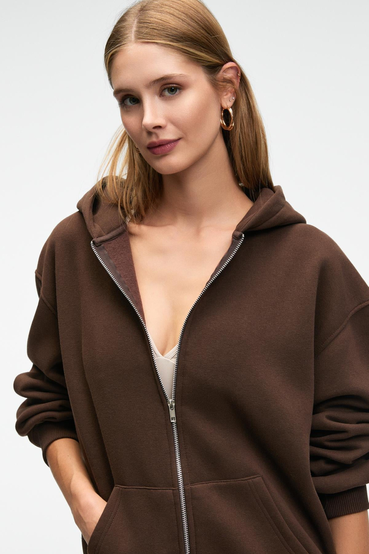 VALENYA Kadın Oversize Kapüşonlu Balon Kollu Metal Fermuarlı Kahverengi Sweatshirt